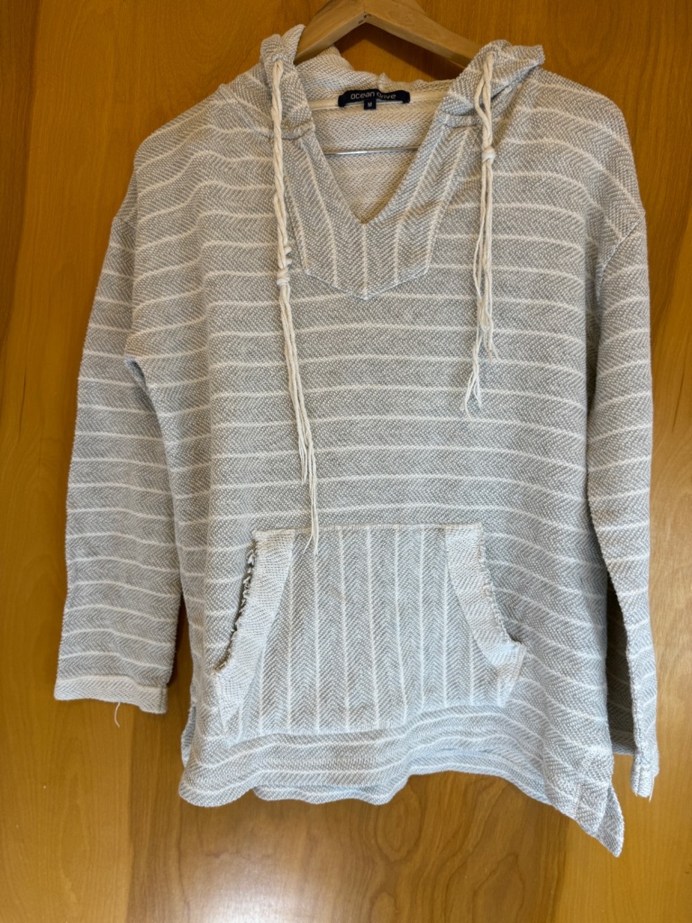 Ocean Drive Cream and White Striped V-Neck Hooded Sweater
